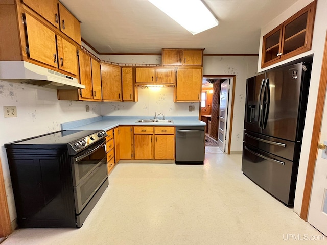 kitchen featuring crown molding, stainless steel appliances, and sink