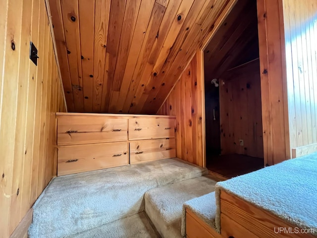 interior space featuring lofted ceiling, wooden walls, carpet, and wooden ceiling