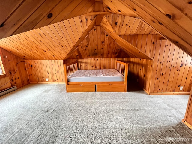 unfurnished bedroom featuring wood walls, light colored carpet, wooden ceiling, and vaulted ceiling