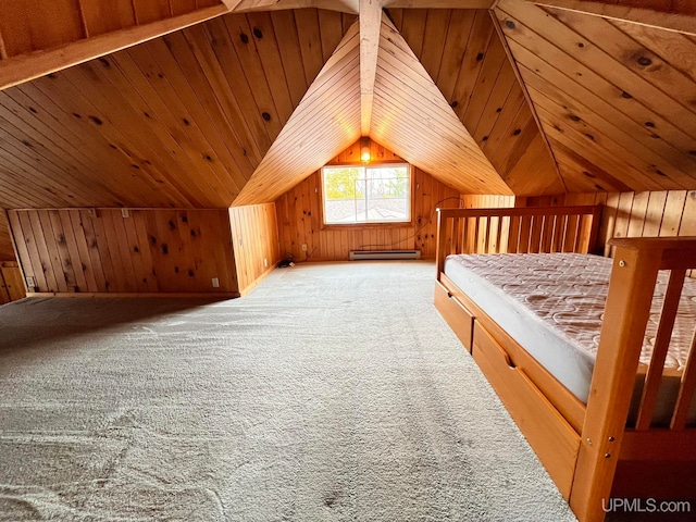 unfurnished bedroom with lofted ceiling, wood walls, and carpet