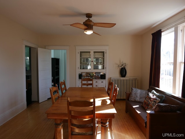 dining space featuring ceiling fan, hardwood / wood-style flooring, and radiator