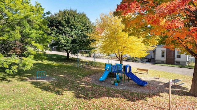 view of playground featuring a yard