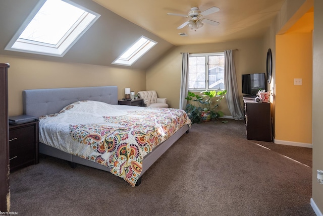 carpeted bedroom featuring vaulted ceiling and ceiling fan