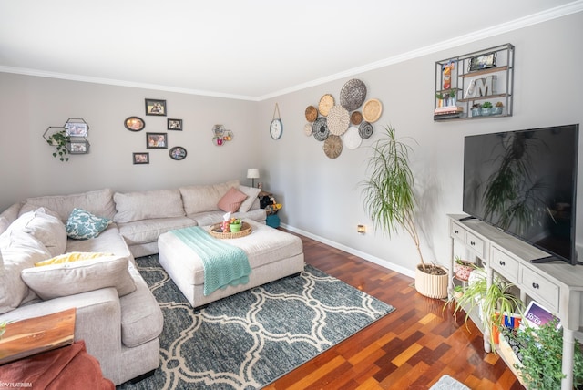 living room with wood-type flooring and crown molding