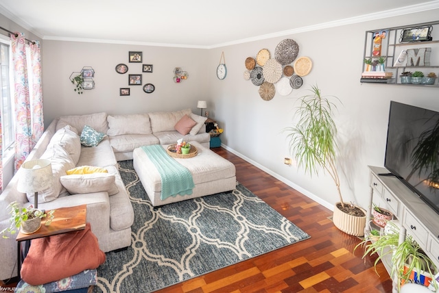 living room with ornamental molding and wood-type flooring