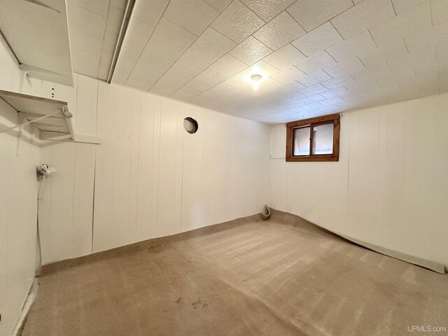 basement featuring light colored carpet