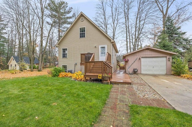 exterior space featuring a wooden deck, a garage, and a lawn