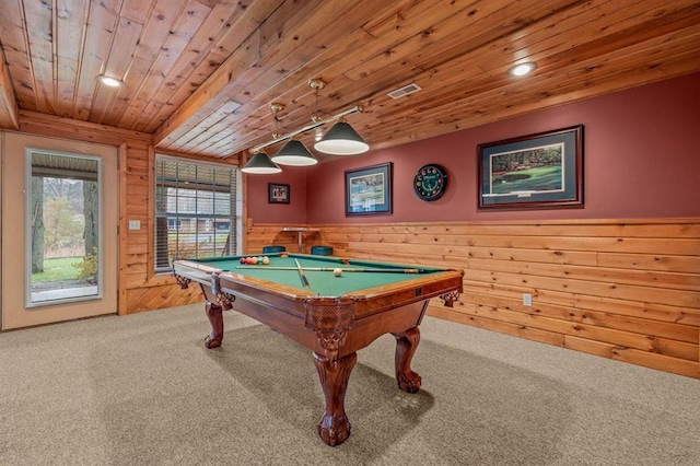 game room with wood ceiling, carpet floors, wooden walls, and billiards