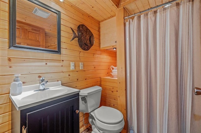 bathroom with wood ceiling, toilet, curtained shower, vanity, and wood walls