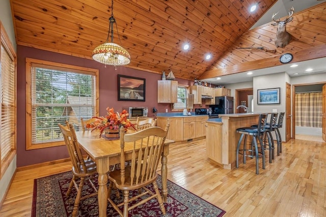 dining room featuring sink, high vaulted ceiling, wooden ceiling, and light wood-type flooring