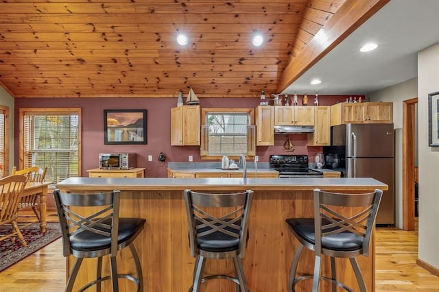 kitchen with black range with electric cooktop, wooden ceiling, a wealth of natural light, and light brown cabinetry