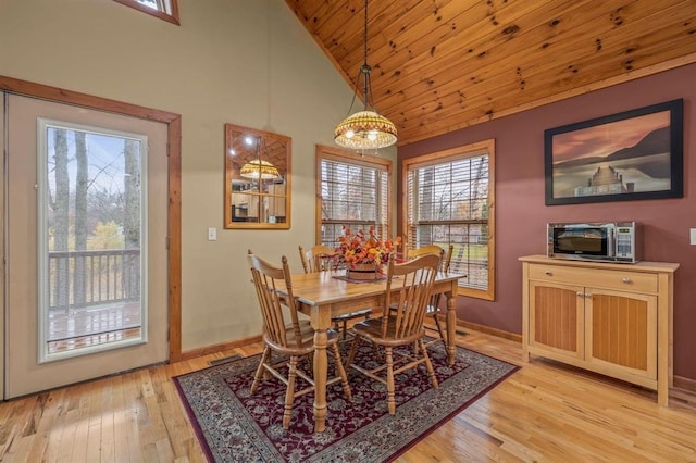 dining area with wood ceiling, high vaulted ceiling, and light hardwood / wood-style flooring