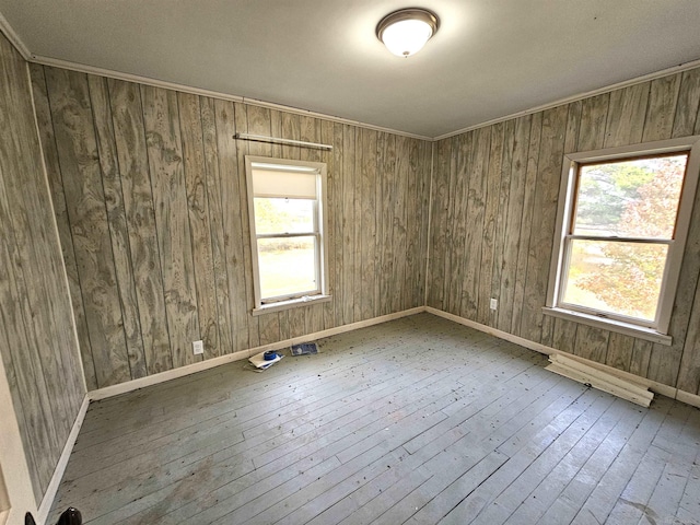 empty room with hardwood / wood-style floors, wooden walls, and a wealth of natural light