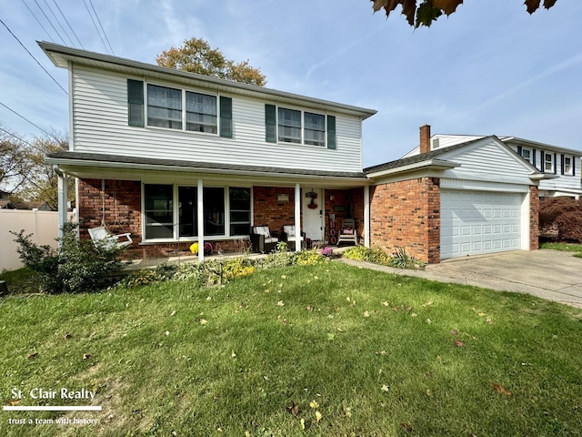 front facade with a garage and a front lawn