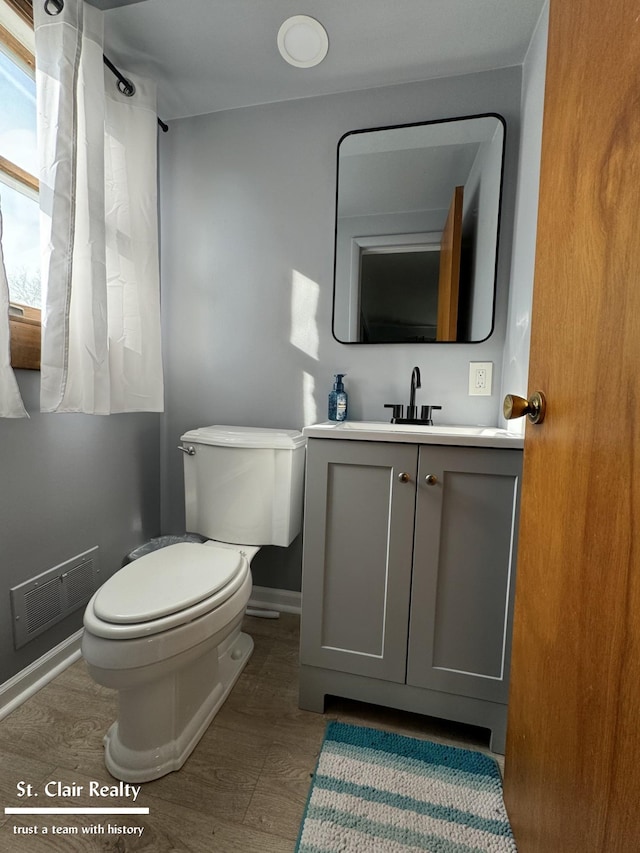 bathroom featuring vanity, toilet, and wood-type flooring