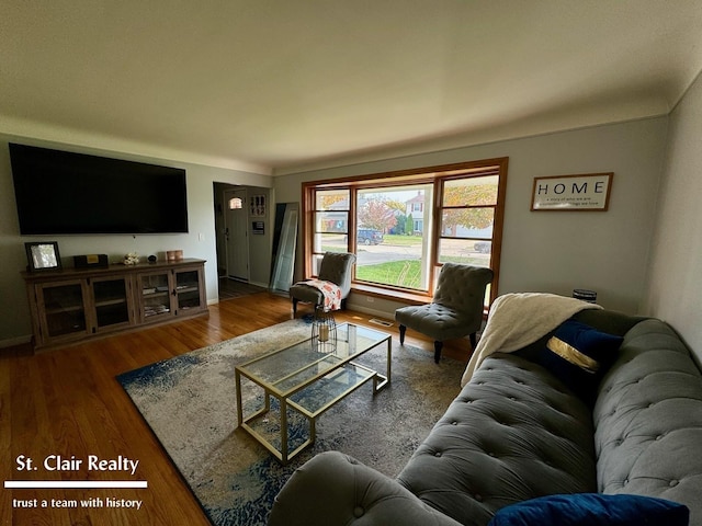 living room with dark hardwood / wood-style flooring