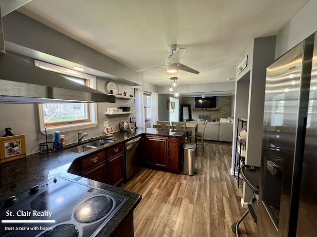 kitchen featuring kitchen peninsula, appliances with stainless steel finishes, ceiling fan, sink, and light hardwood / wood-style floors