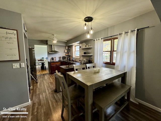 dining room featuring dark hardwood / wood-style floors, ceiling fan, and sink