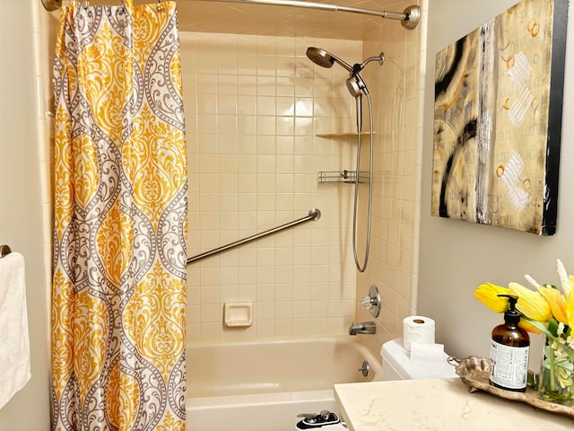 full bathroom featuring toilet, vanity, and shower / bath combo with shower curtain