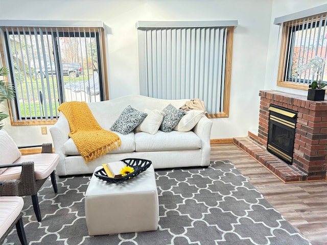 living room with hardwood / wood-style floors and a fireplace