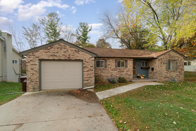 single story home with a garage and a front lawn