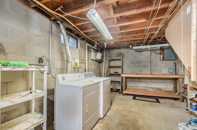 basement featuring electric panel and separate washer and dryer