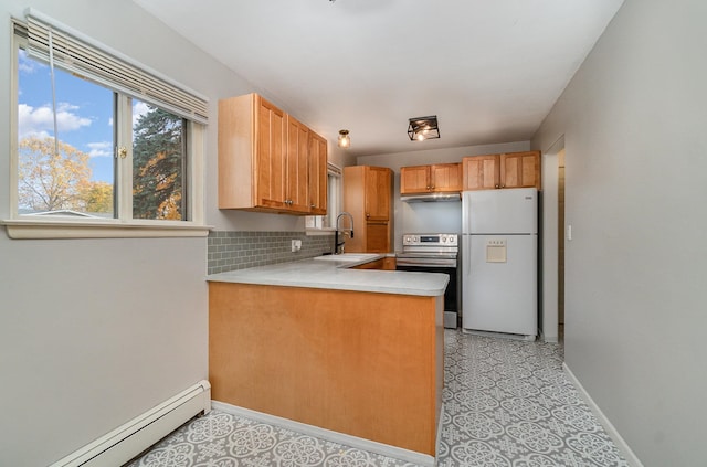 kitchen with sink, kitchen peninsula, stainless steel electric range oven, white fridge, and decorative backsplash