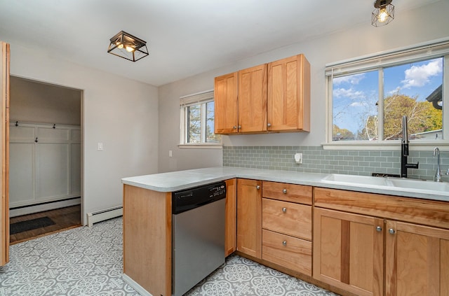 kitchen with kitchen peninsula, a baseboard heating unit, stainless steel dishwasher, and sink