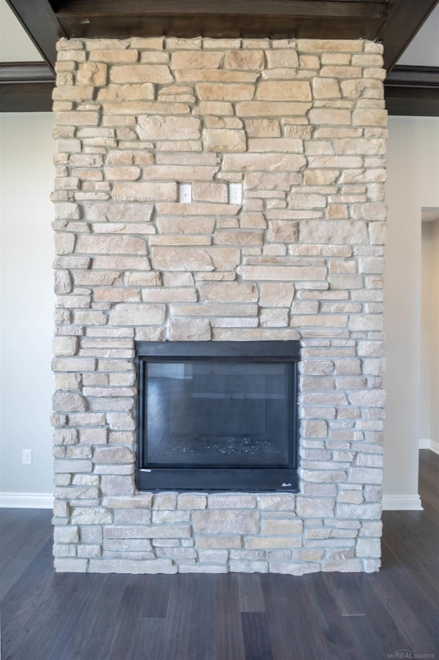 room details with a stone fireplace and hardwood / wood-style flooring