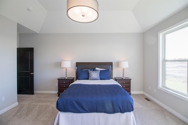 carpeted bedroom with multiple windows and lofted ceiling