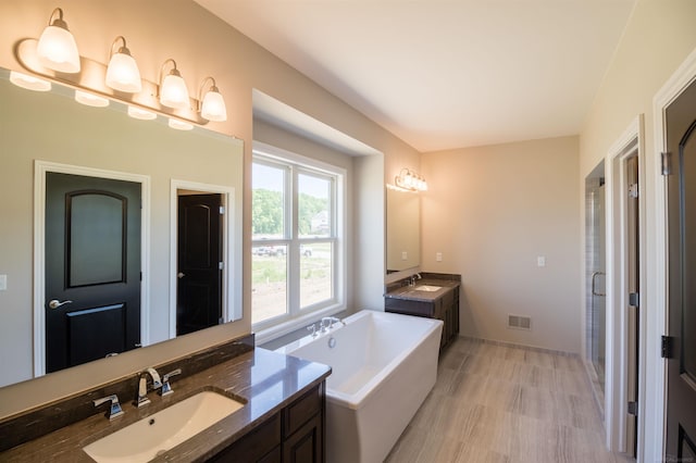 bathroom featuring vanity and plus walk in shower