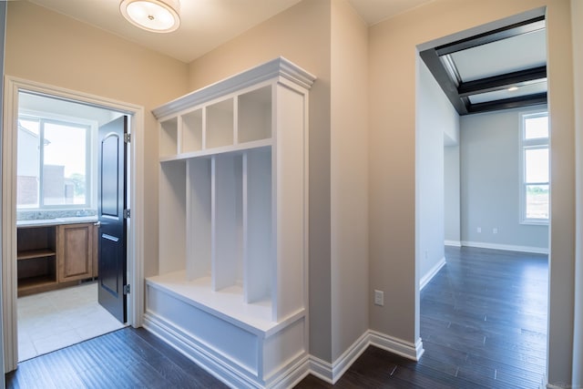 mudroom featuring a healthy amount of sunlight, beamed ceiling, and dark hardwood / wood-style floors