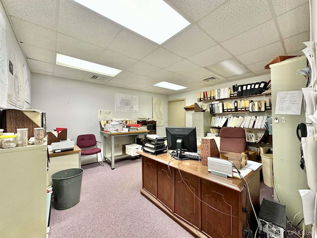 office space with a drop ceiling and light colored carpet