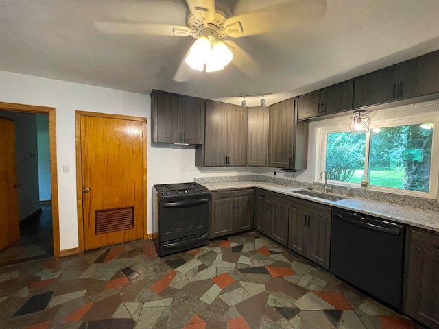 kitchen with sink, ceiling fan, and black appliances