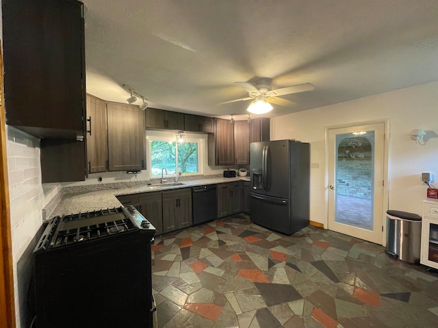 kitchen with black appliances, sink, ceiling fan, tasteful backsplash, and dark brown cabinetry