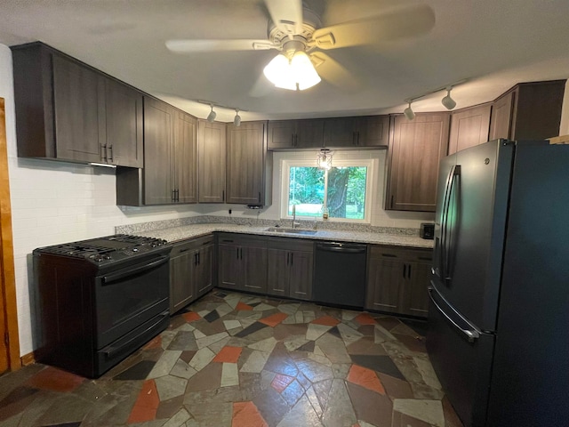 kitchen with ceiling fan, sink, tasteful backsplash, track lighting, and black appliances