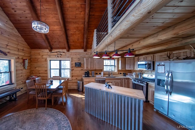 kitchen with dark hardwood / wood-style floors, hanging light fixtures, stainless steel appliances, wood counters, and sink