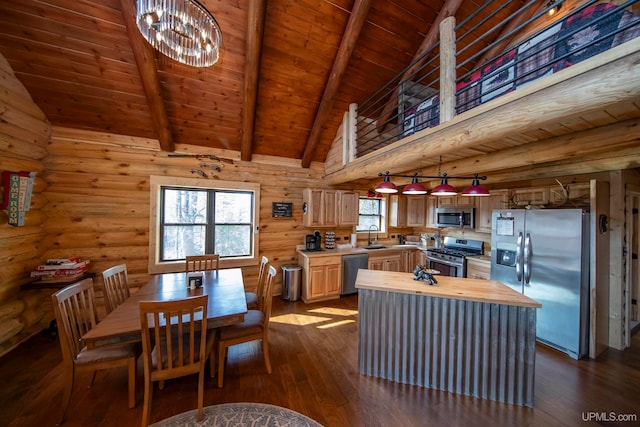 kitchen with wood ceiling, dark hardwood / wood-style floors, beamed ceiling, sink, and appliances with stainless steel finishes