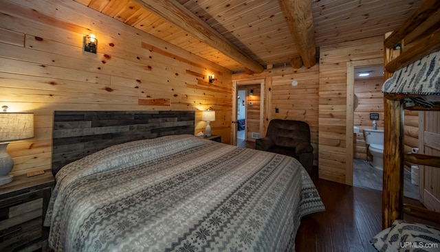 bedroom featuring beam ceiling, wood walls, ensuite bathroom, and dark hardwood / wood-style flooring