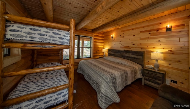 bedroom featuring beam ceiling, wooden walls, wooden ceiling, and dark hardwood / wood-style flooring