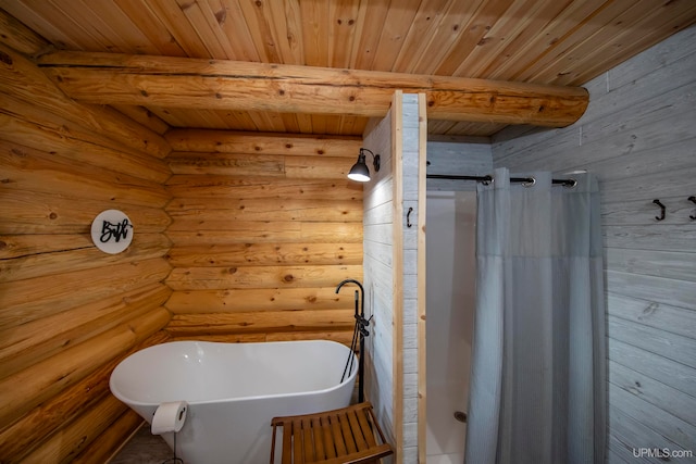 bathroom featuring beamed ceiling, plus walk in shower, wooden ceiling, and log walls