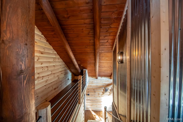 interior space featuring wooden walls and wooden ceiling