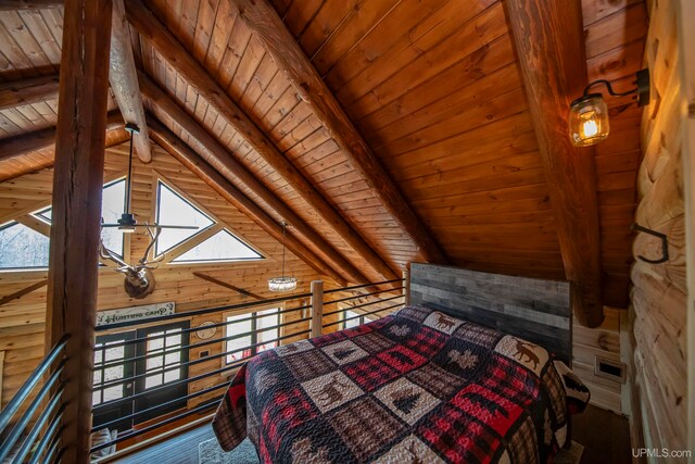 unfurnished bedroom featuring wood ceiling, wood walls, and vaulted ceiling with beams