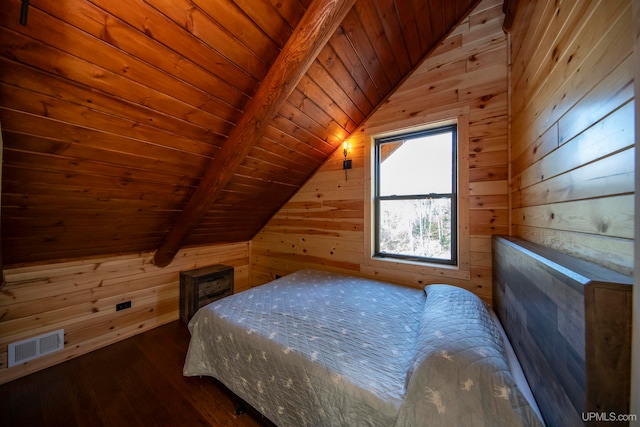 unfurnished bedroom with wood walls, wooden ceiling, dark hardwood / wood-style flooring, and vaulted ceiling with beams