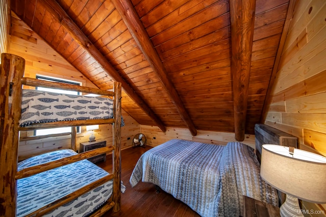 bedroom featuring dark hardwood / wood-style floors, wooden walls, and wooden ceiling