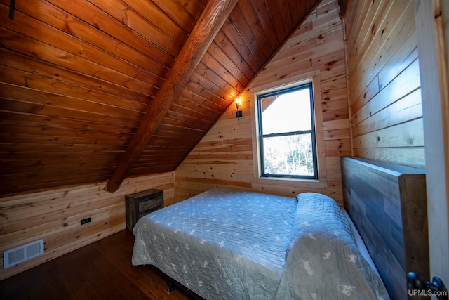 unfurnished bedroom with vaulted ceiling with beams, wood ceiling, dark hardwood / wood-style floors, and wood walls