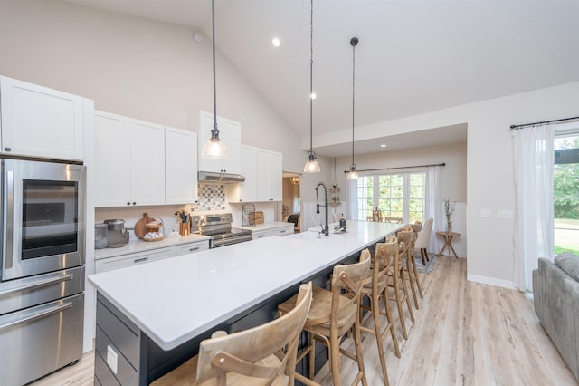 kitchen with sink, white cabinetry, stainless steel appliances, high vaulted ceiling, and a kitchen island with sink