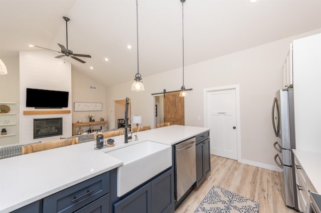 kitchen featuring sink, a barn door, pendant lighting, light wood-type flooring, and appliances with stainless steel finishes