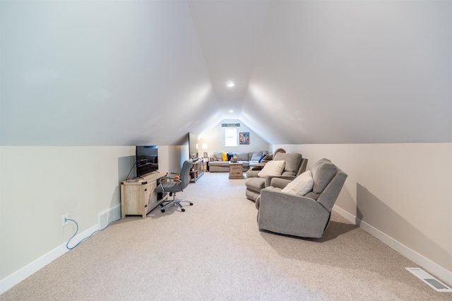 office space featuring vaulted ceiling and carpet floors