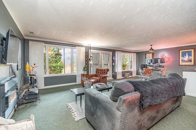 living room with a textured ceiling and carpet floors